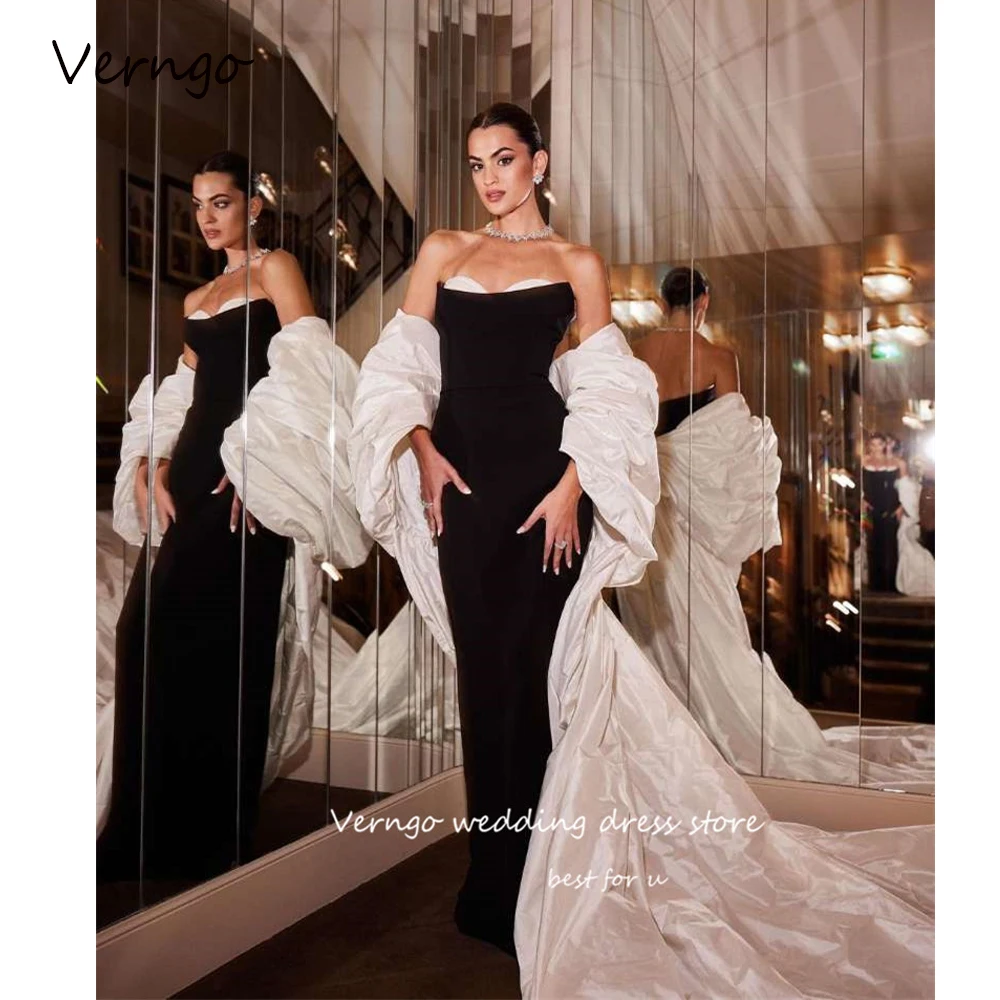 

Verngo Dubai Women Black White Evening Dresses With Long Jacket Sleeves Taffeta Strapless Modern Formal Party Occasion Gowns