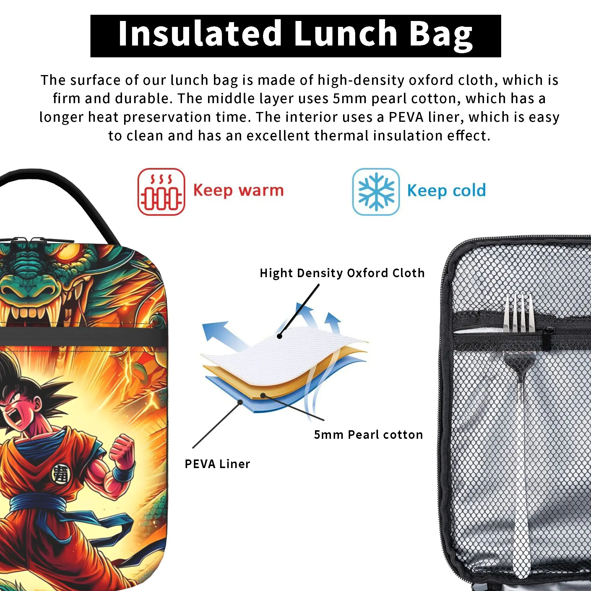 D-드래곤 볼 피크닉용 열 절연 도시락 가방 일본 애니메이션 휴대용 식품 가방 쿨러 열 도시락 상자