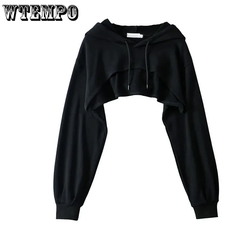 

Black Short High Waist Hoodies Women's Pullover Long Sleeve Loose Top Wholesale
