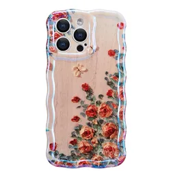 Elegant Retro Floral Glossy Phone Case with Wave Border Design - iPhone 13 (Red)