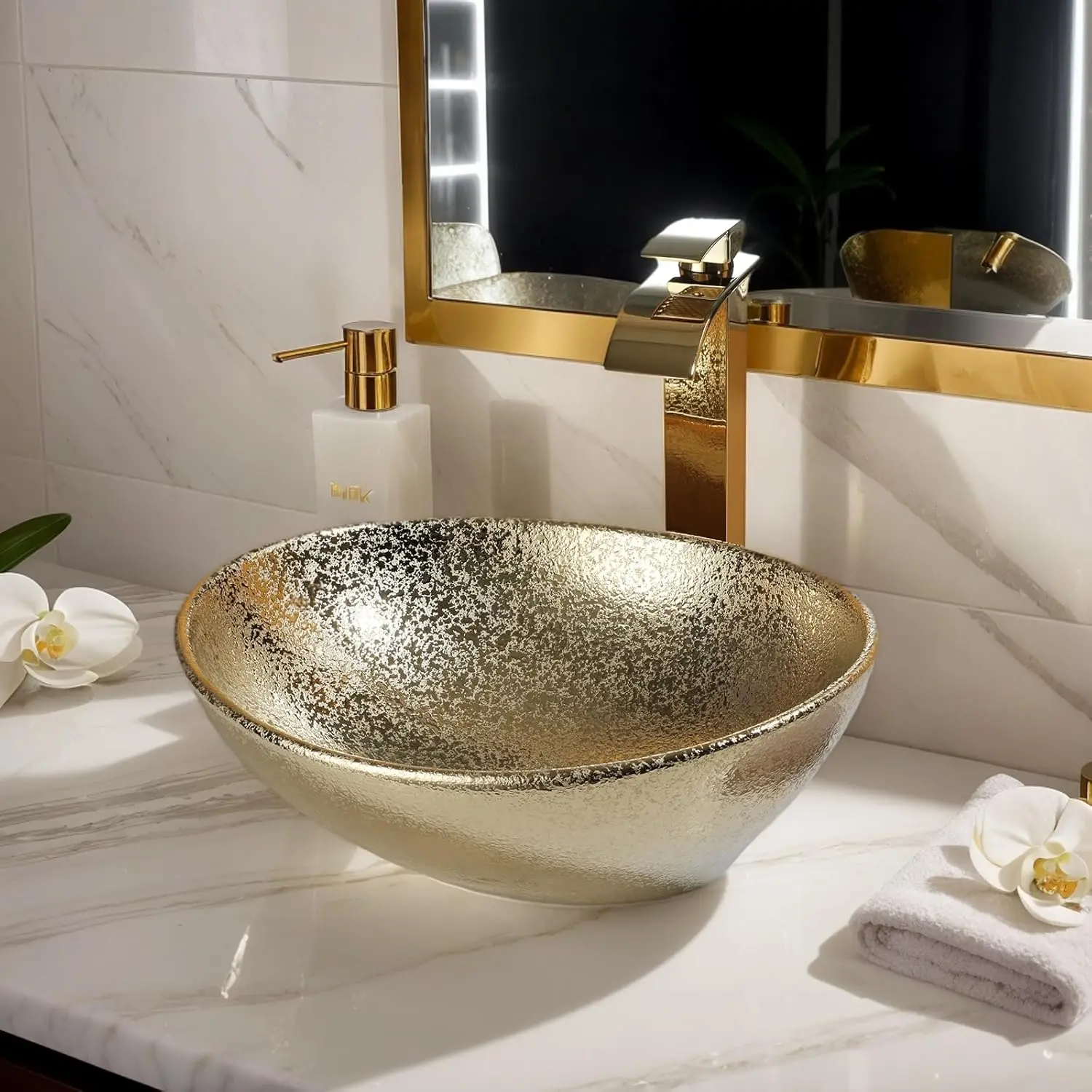 KEMAIDI 16" Gold Bathroom Sink Ceramic Vessel Sinks for Bathrooms Above Counter Bathroom Sink Oval Vessel Sink with Faucet Combo 3