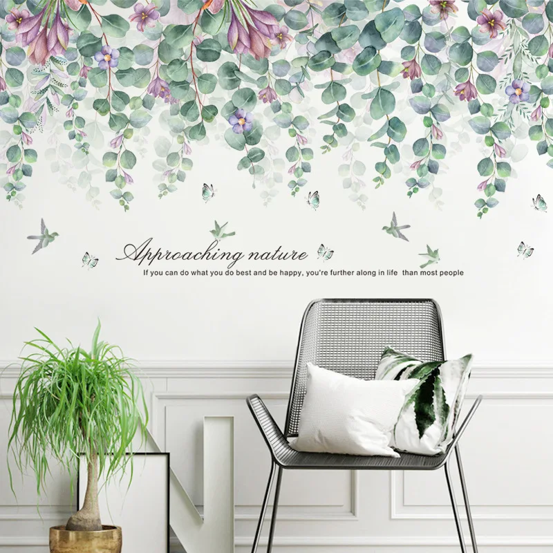 

Flower Leaves Wall Stickers For Living Room Coffee Shop Home Decoration Background Green Season Birds Art Decal Poster