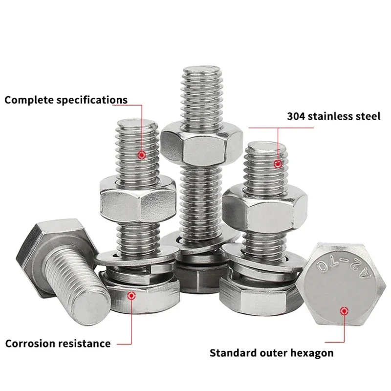Description Picture 6 of item304 Stainless Steel Hexagonal Screw Nut Washer Set External Hex Bolt Nuts Gasket Kit Metalworking M3 M4 M5 M6 M8 M10 M12 M16 M20