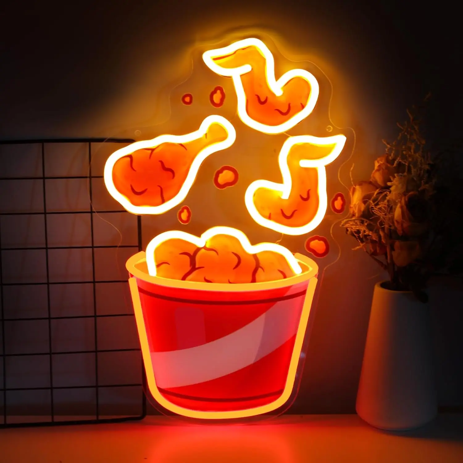 후라이드 치킨 네온사인, 치킨 LED 조명 USB 전원 디밍 가능 LED 간판, 길거리 음식 네온사인, 벽 조명에 적합 ...