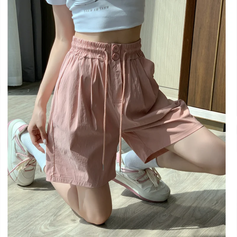 

Korea Style Fashion Elastic High Waist Shorts Women's Summer New Casual Cargo Shorts Ladies A-line Loose Wide Leg Shorts