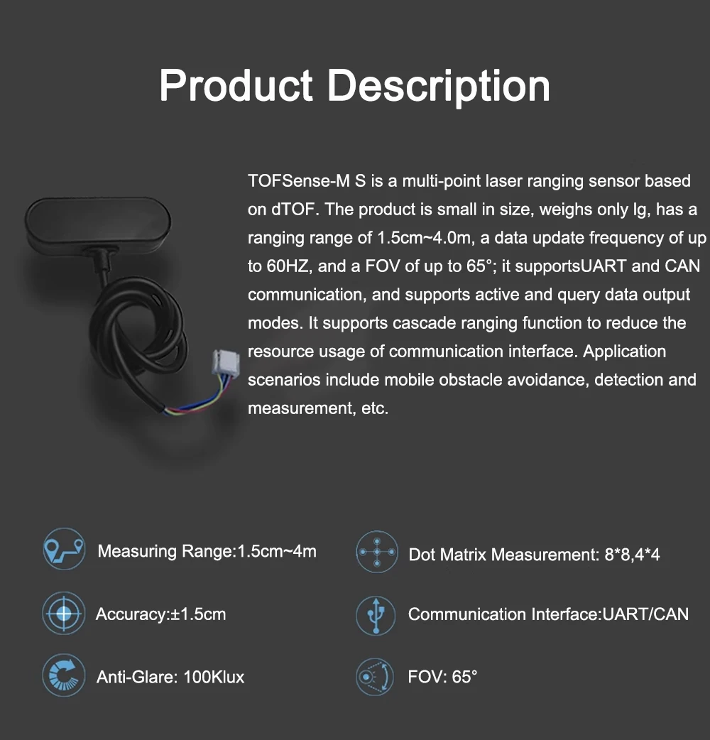 TOFSense-M S Laser Ranging Sensor Radar Module UART Serial Port Dot Matrix 3D Po