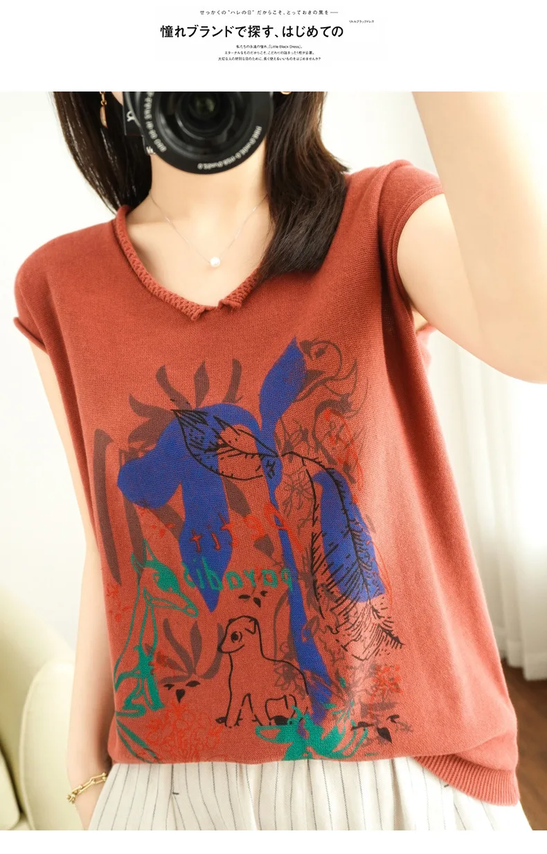 Primavera e Verão Algodão de Manga Curta de Malha Feminina com Decote em v Camisa de Fundo Camisola Pulôver Impresso Topo 2022 100% 17 Computers & Electronics