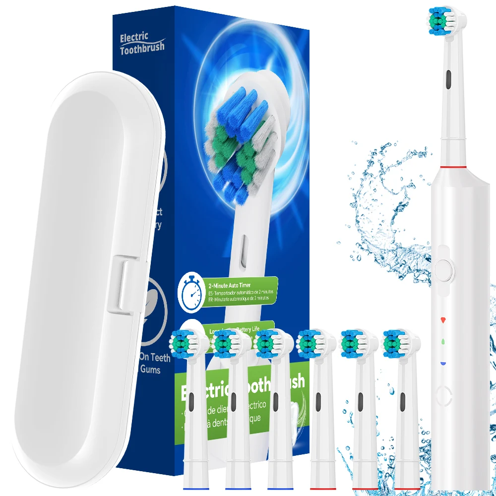 Rechargeable Electric Toothbrush Set with 6 Heads & Travel Case,3 Modes and 2 Min Smart Timer, Compatible with Oral B Brush Head