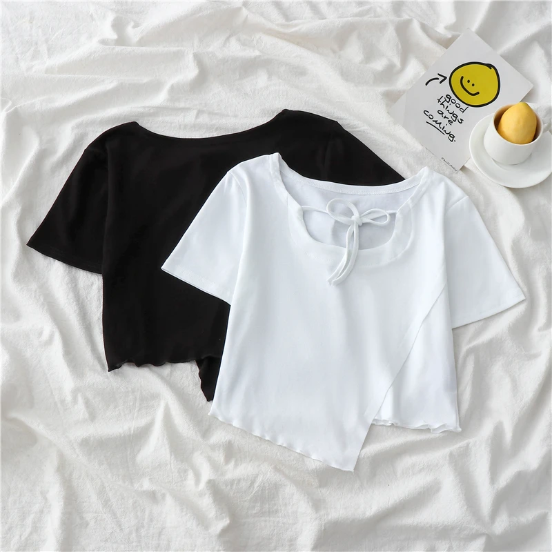 

Women Summer All Matched T-shirt Korean Bandage Solid Color Pullover Short Sleeve Irregularity Slim Fit Chic Ladies Tops