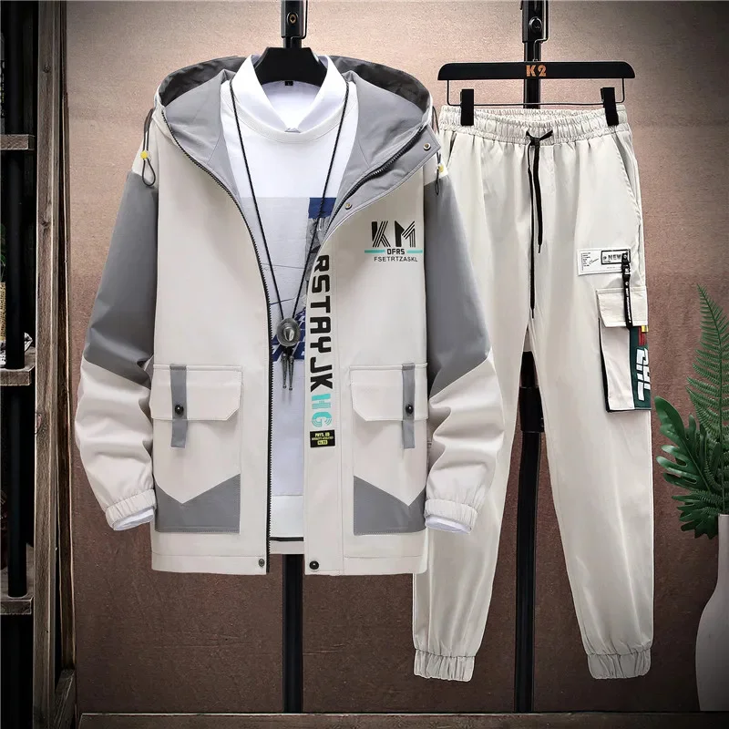 

Autumn Casual Men Sets Two Pieces Fashion Korean Trend Hooded Jacket + Pants Spring Baseball Uniform Suit Man Outfit