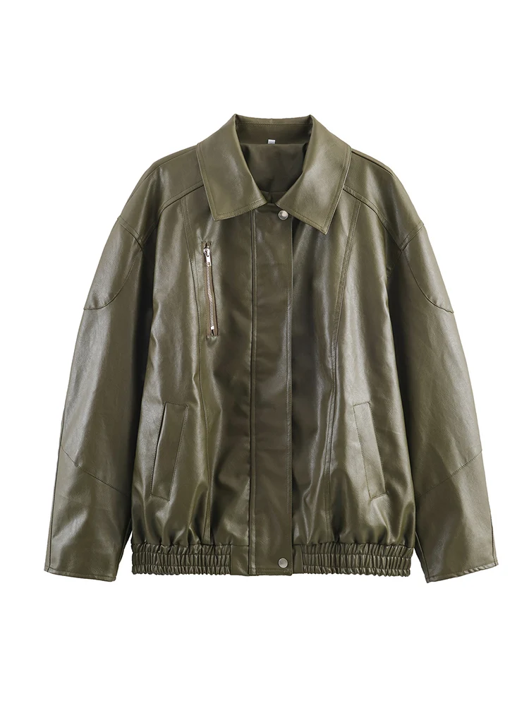 Winter New Women Pu Leather Jacket Leisure Lapel Long Sleeve Zipper Oversize Bomber Jackets Chic Female High Street Outerwear