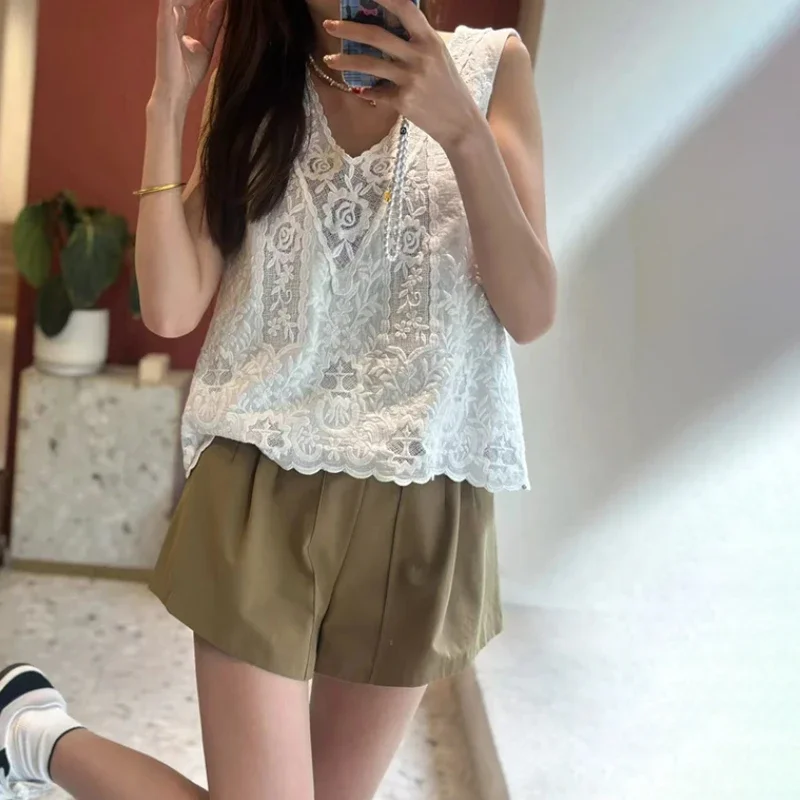 

2024 Summer Lace Embroidery Splicing V-neck Sleeveless Asymmetric Dress, Vest Top for Women