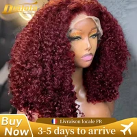 Cheveux bouclés ondulés profonds de 36 pouces # Perruques en cheveux humains brésiliens 99J, perruque frontale en dentelle transparente 13x4 couleur vin rouge, perruque frontale en dentelle HD 13x6 1