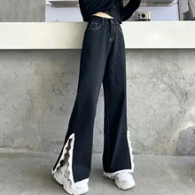 

Y2k Jeans with Slits Lace Female Spliced Denim Spring Summer Black Loose Drape Wide Leg Baggy Pants Autumn 2022 New for Woman