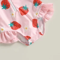 VISgogo Toddler Girl Rash Guard Swimsuit Set Summer Long Sleeve Strawberry Print Bathing Suit + Sun Hat Infant Newborn Swimwear 6