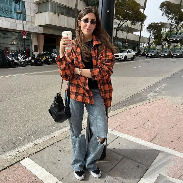 Casual Vintage For Women Shirts Outwear Lapel Fashion Loose Patchwork Streetwear Long Sleeve Striped Female Cardigan Coat