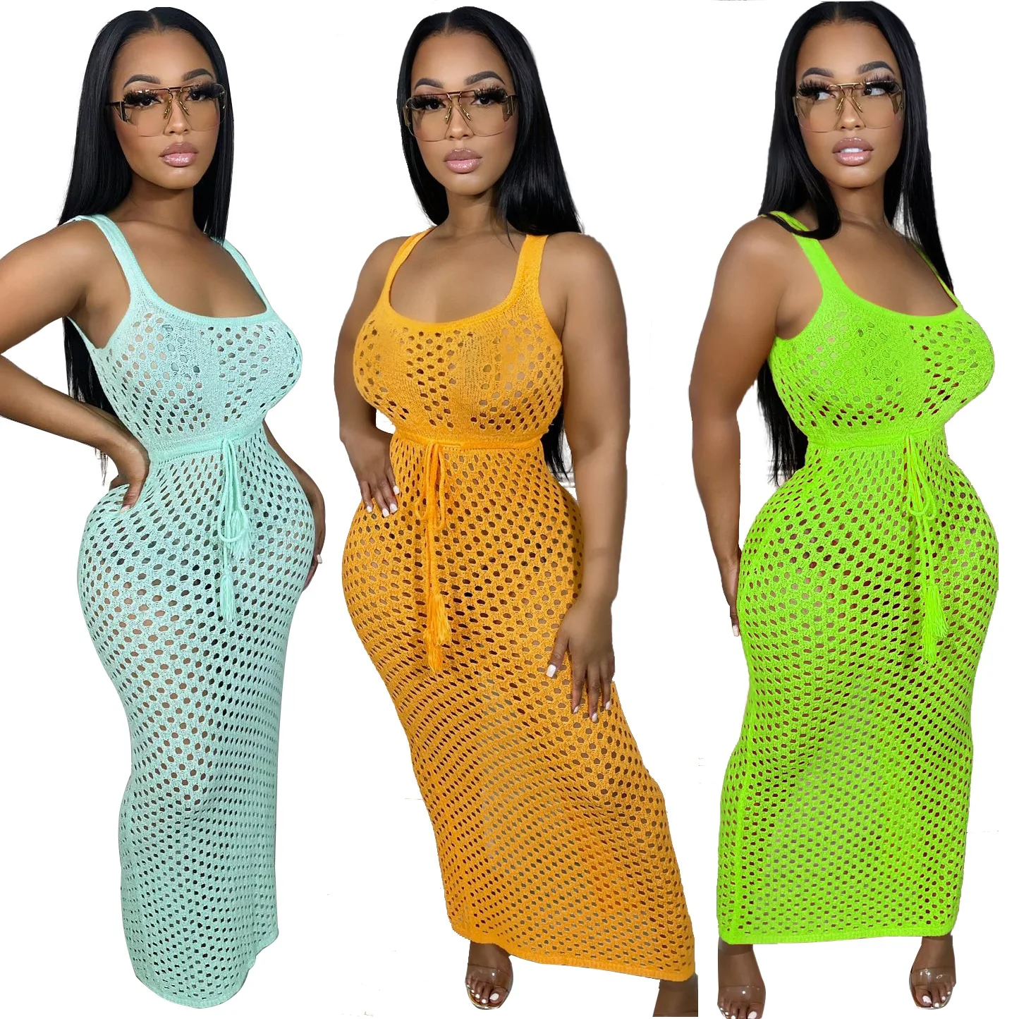 

Crochet Beach Dress 2023 Summer Women Sleeveless Hollow Out Cover Up Bodycon Dress Holiday Fashion Bathing Suits Knitted Dresses
