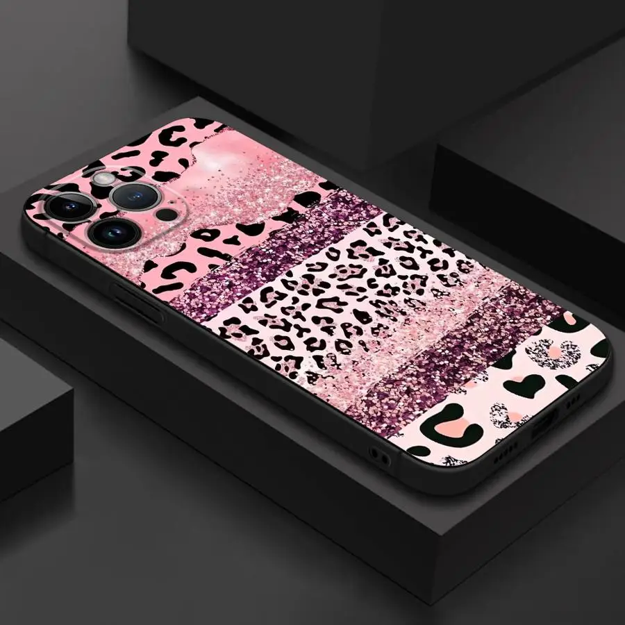 Luxury Pink Bow Leopard Design Phone Case - Stylish Black Soft Cover
