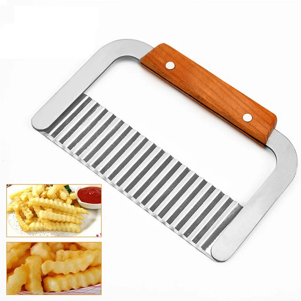 Wooden Handle Stainless Steel Potato Chip Slicer Dough Vegetable Fruit Crinkle Wavy Kitchen Knife Cutter Chopper Tools Gadget vegetable slicer french fry cutter