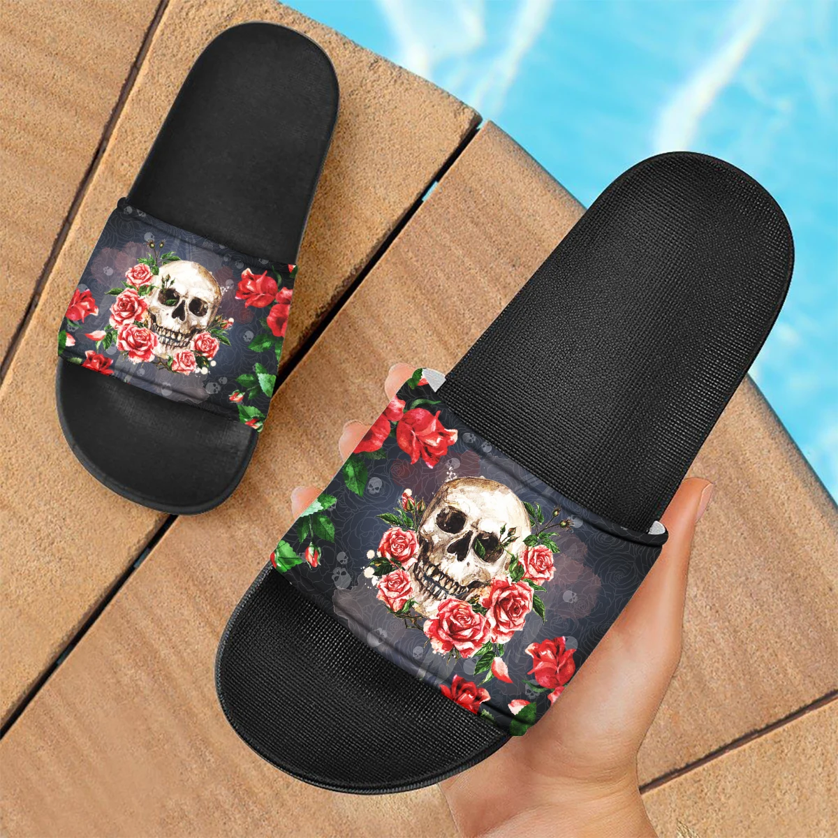 

ELVISWORDS Gothic Skull Rose 3D Printing Slippers Comfortable Lightweight Outdoor Sandals Women's Home Slippers Casual Flats