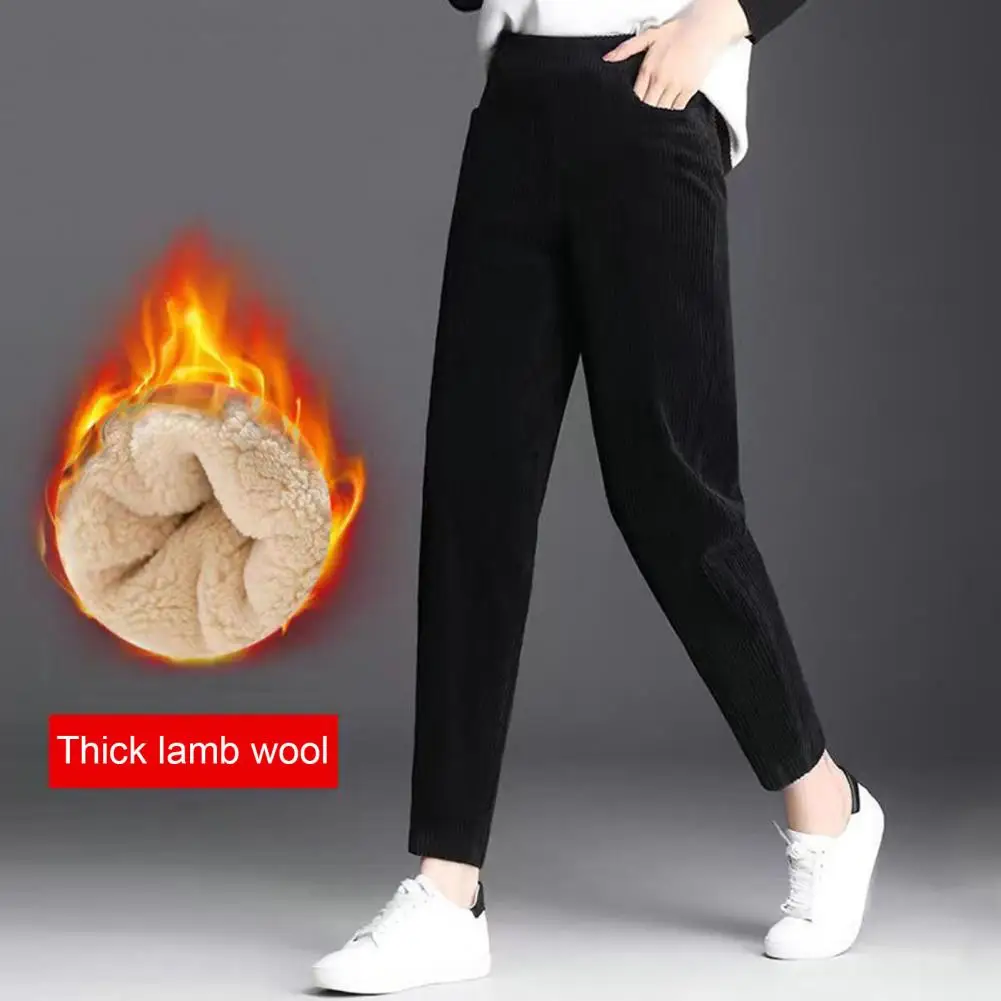 

Women Pants Autumn Winter Corduroy Harem Pants Elastic Waist Solid Color Long Trousers Thickened Fleece Lining Casual Pants Lady