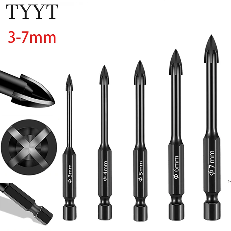 5PCS 3-7mm Drill Bits Set For Drilling Glass, Tile, , Wood, Metal etc. Tungsten Carbide Cross Shank Drill Bits Drilling Tools 5pcs set cross hex tile glass ceramic drill bits cemented carbide set efficient universal drilling tool hole opener for wall