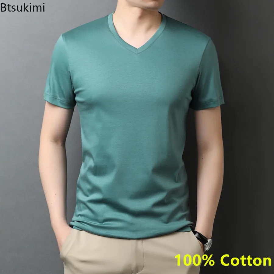 

New 100% Cotton T-shirts Men's Solid Color Short Sleeve V-neck Tees Fashion Simple Casual All Matches Tops Summer Male Clothing
