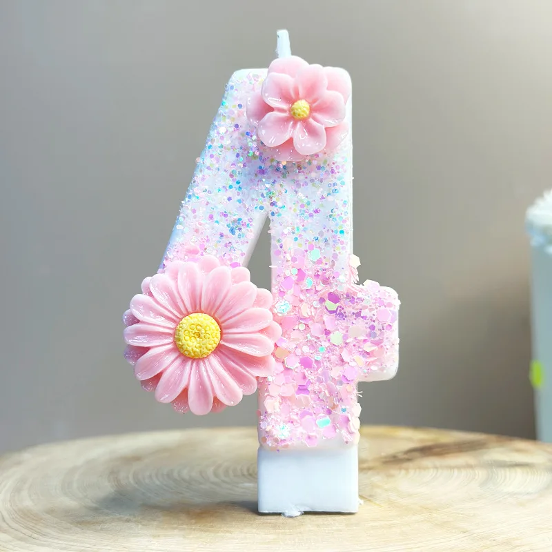 Rosa Glitzer-Blumen-Zahlen-Geburtstagskerzen - Langlebige Wachs-Kuchendekoration für Partyzubehör & Feiern – Detail 7