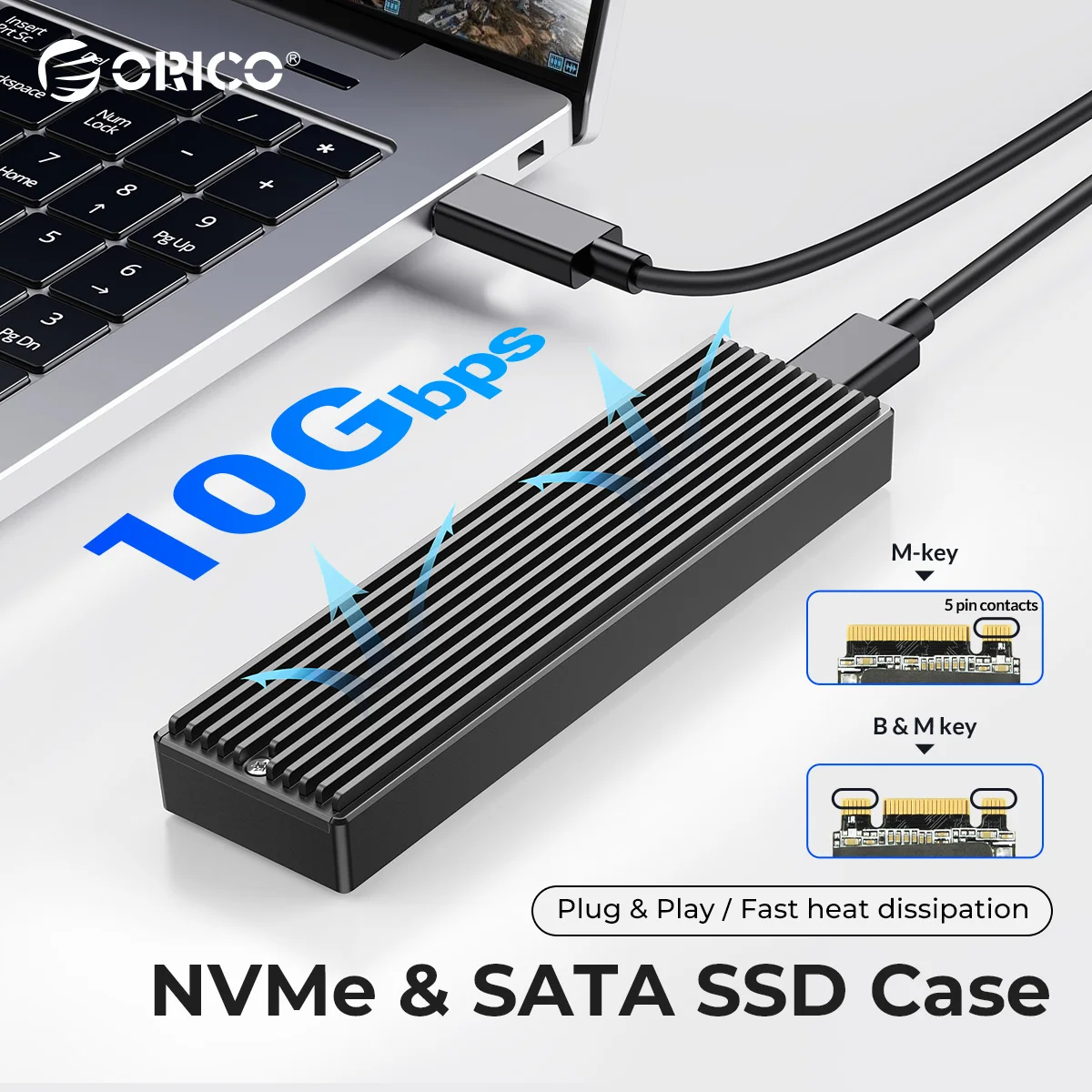 ORICO M.2 SSD NVMe Case USB3.2 Gen2 Type C 10Gbps PCIe SSD Case M.2 NVME SATA Enclosure Disk Box Tool Free SSD Aluminum Case