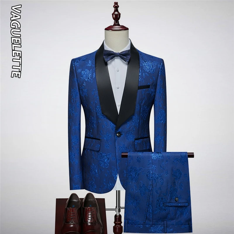 

VAGUELETTE 2 Piece Shawl Collar Suit Floral Tuxedo Floral Embroidery Suit Jacket Royal Blue/Black Suits For Men With Pants 2023