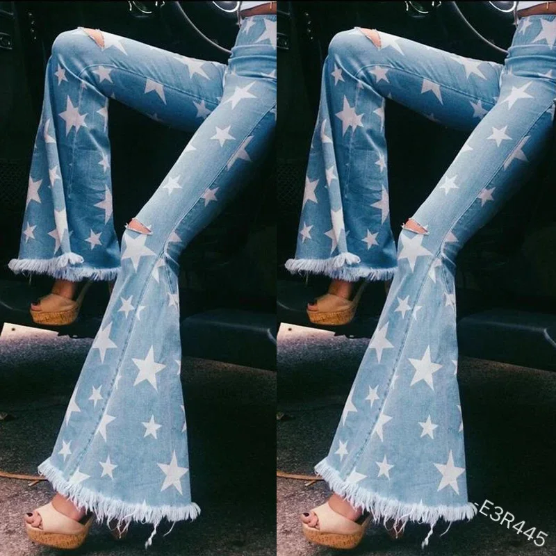 Summer Women's Star Print Sexy Ripped Fringed Jeans 2022 Summer Oversize High Waist Slim Elegant Flared Jeans Harajuku Pants