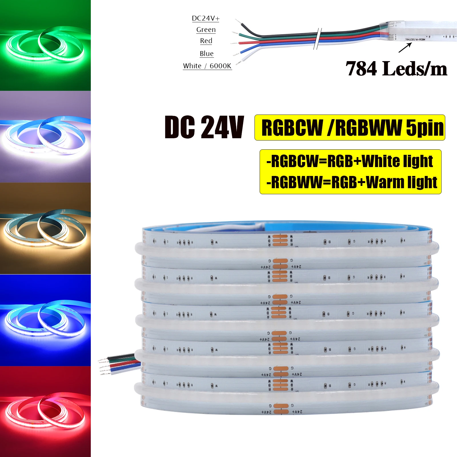 RGB RGBW RGBWW RGBCCT COB LED 스트립 12V 24V 840 784LED/M 유연한 고휘도 도트리스 Led 테이프 다이오드 유연한 리본