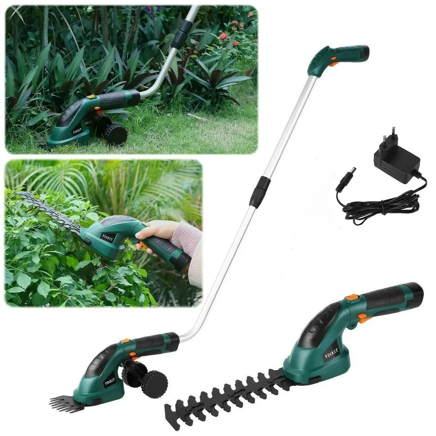 7.2V Electric Hedge Brush Trimmer Telescopic Handle Cordless 2-in-1 Grass Shear + Hedge Trimmer w/Extension Pole