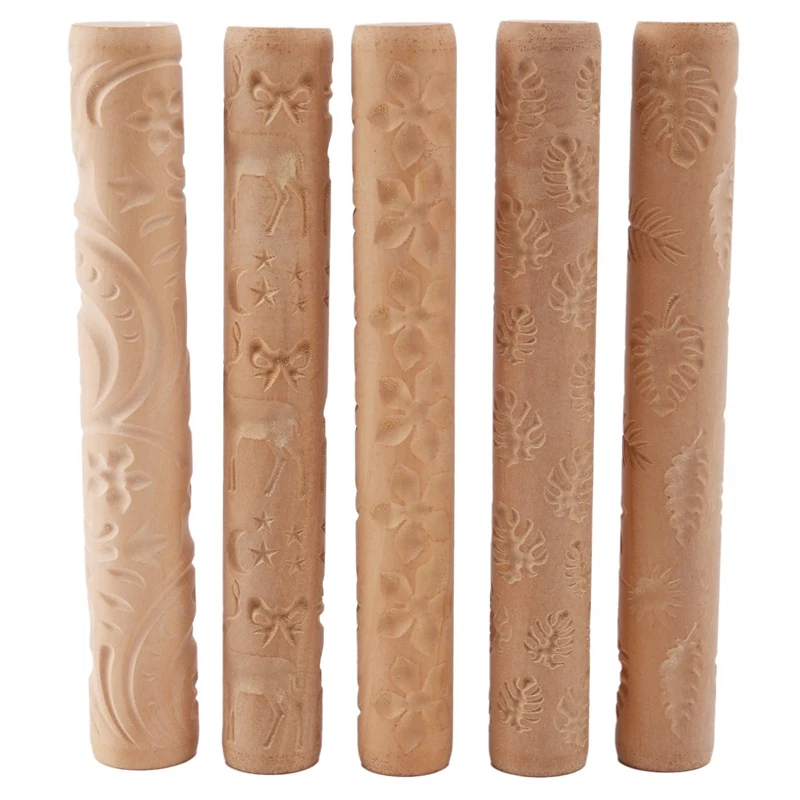 

5Pcs Pottery Tools Texture Clay Modeling Pattern Rollers Set Wooden Handle Pottery Tool Kit With 5 Different Patterns