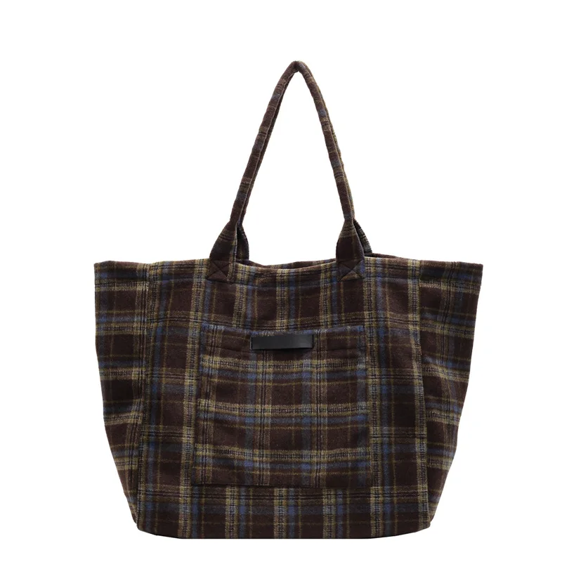 Woolen Plaid Big Bag Women's 2025 New Korean Version Tote Bag College Style Casual Large-capacity Shoulder Bag