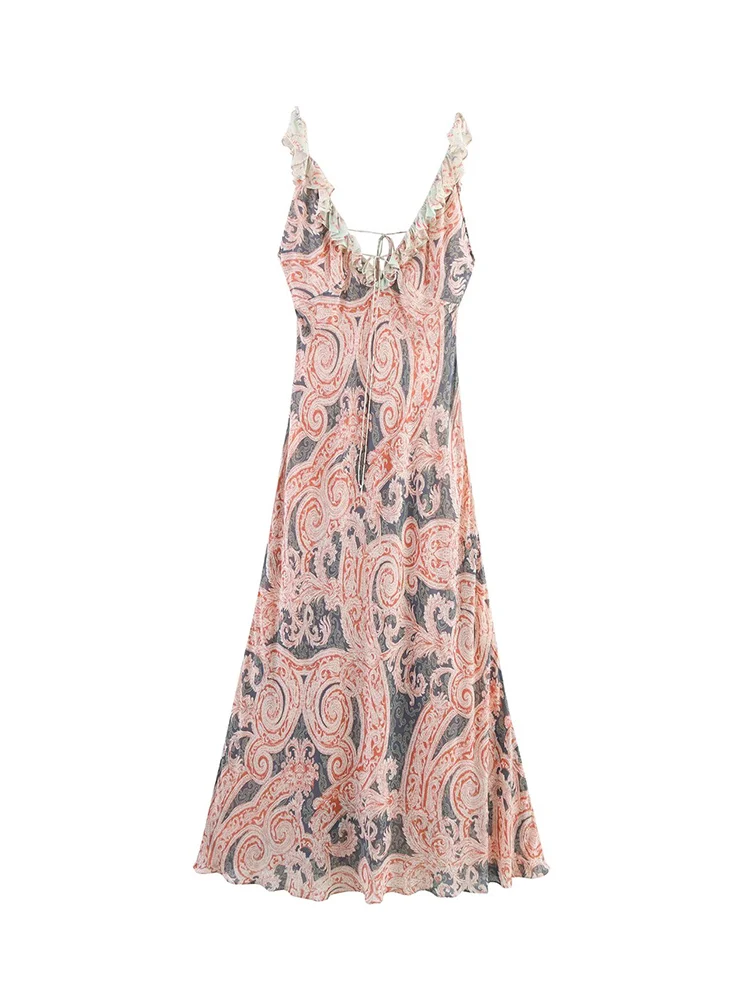 TFMLN 2025 New Women's Elegant Ruffled V-neck Mixi Dresses Sexy Sleeveless Spaghetti Strap Chic Printed Dress Fashion Slim