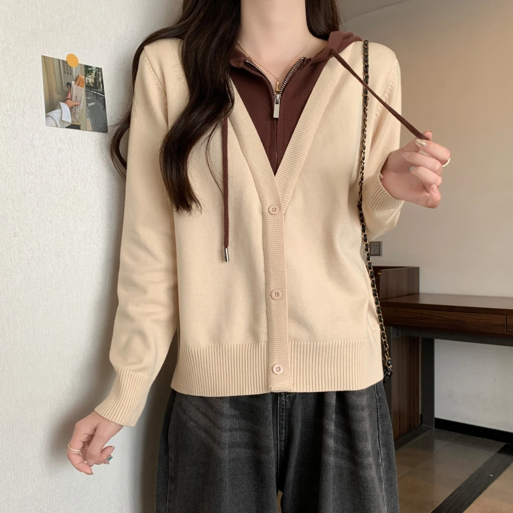 

Contrast Hooded Knit Sweaters Women Fake Two-piece Cardigan Versatile Top