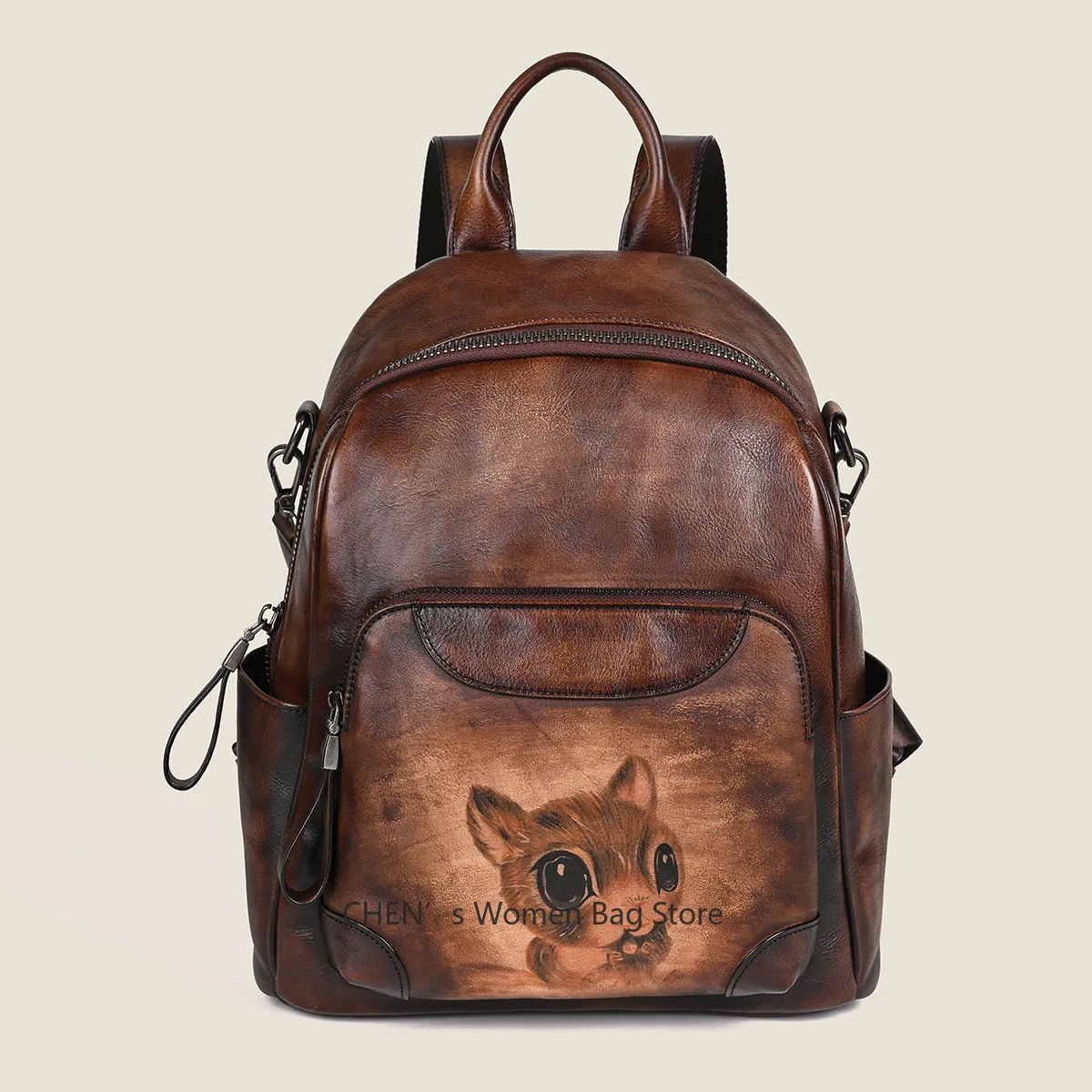 Cowhide large capacity women\'s backpack Cowhide Leather Large Capacity Vintage Brown Premium Backpack main image 3