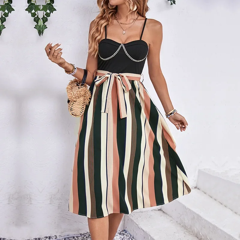 

Fashionable Color Blocking Dress, Women's Summer Sleeveless Suspender Dress, Casual Strapless A-line Skirt, 2024 New Model