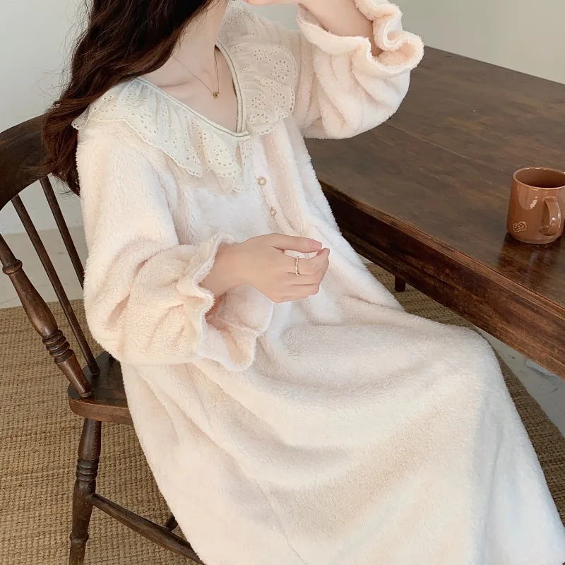 Fleece Nightgown Lace Sleepwear Womens Winter Night Dress Warm One Piece Pajamas Korean Style Long Sleeve Solid Ruffle Home Wear