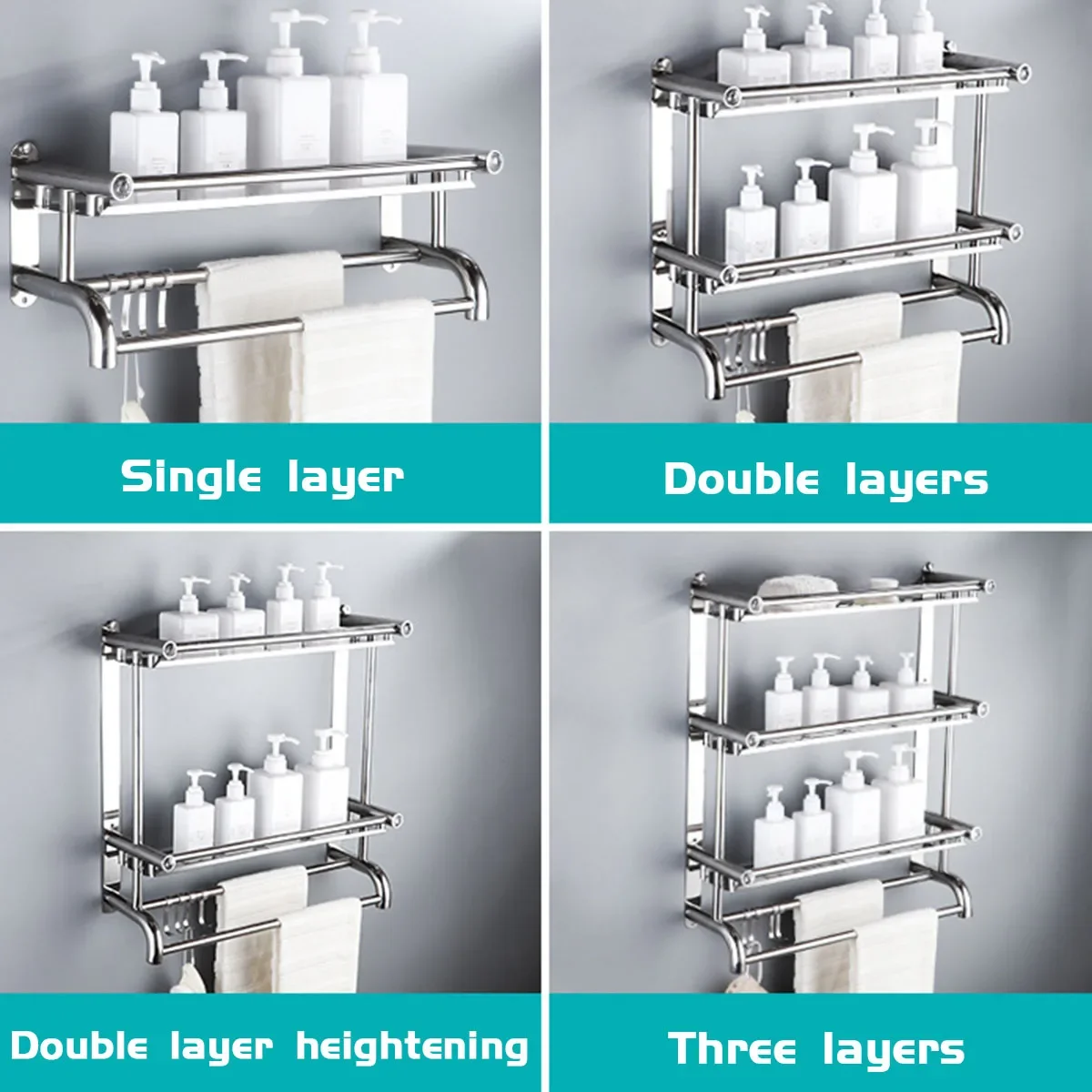 

4Types 3 Layers Stainless Steel Bathroom Shampoo Shelf Wall Mounted Makeup Storage Holder Toilet Organizer Towel Rack With Hooks