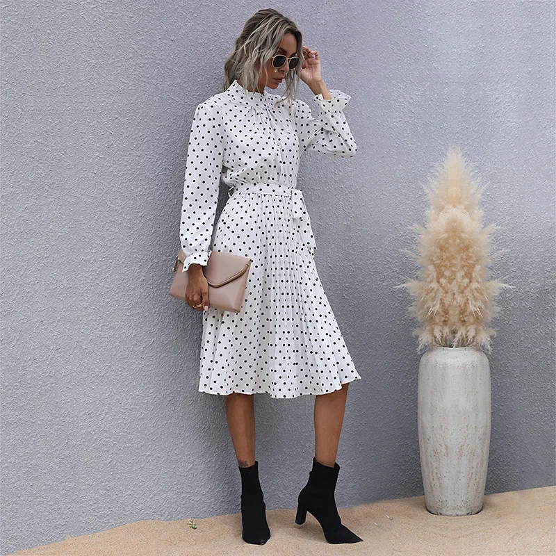 

Woman Spring Pleated Dress Black Dot Slim Body Dresses High Waist Solid Color Cottagecore Streetwear All Match Homewear New 2023