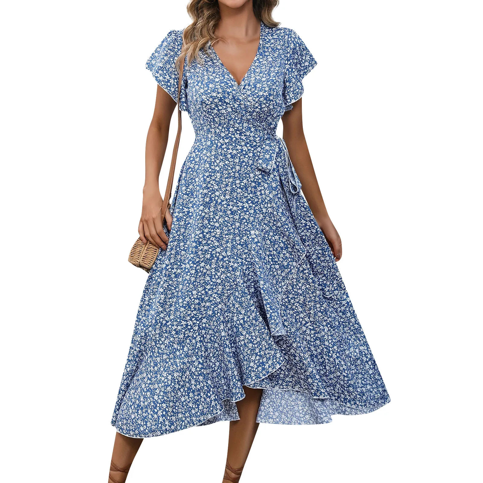 

Women's V-Neck Waisted Floral Short Sleeve Dresses dameskleding grote maten vestido elegante ropa de mujer платье женское