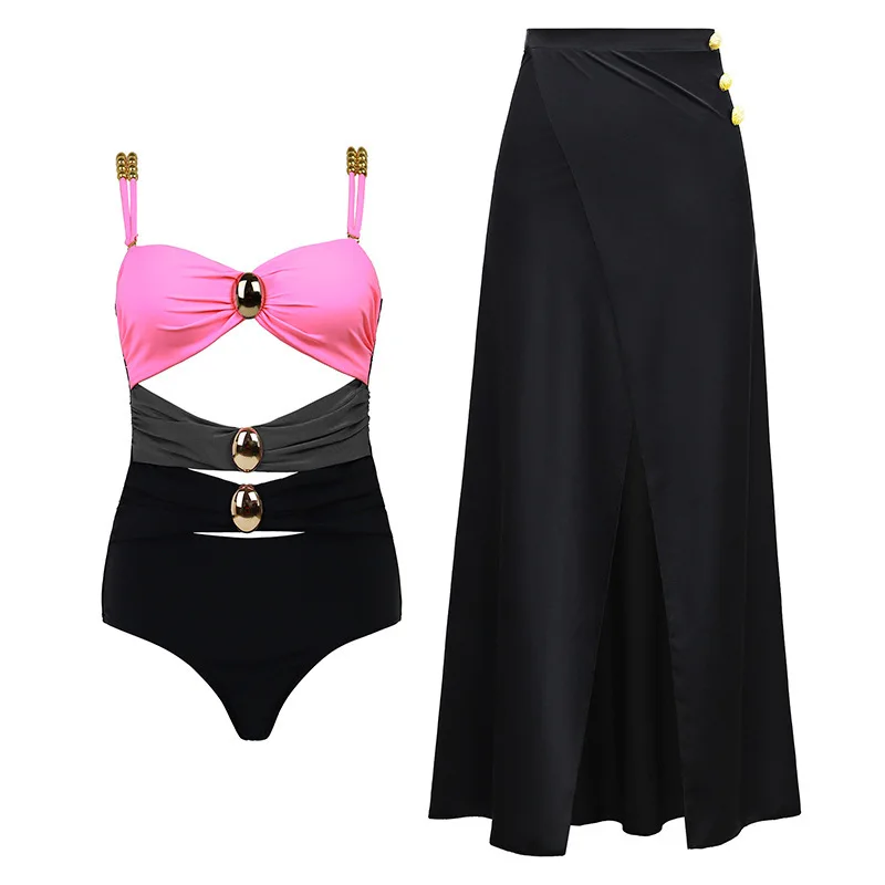 New Arrival 2-Piece One Piece Swimsuit with Cover Up Sexy Swimwear Women Push Up Swim Suits Floral Ruffle Brazilian Biquini