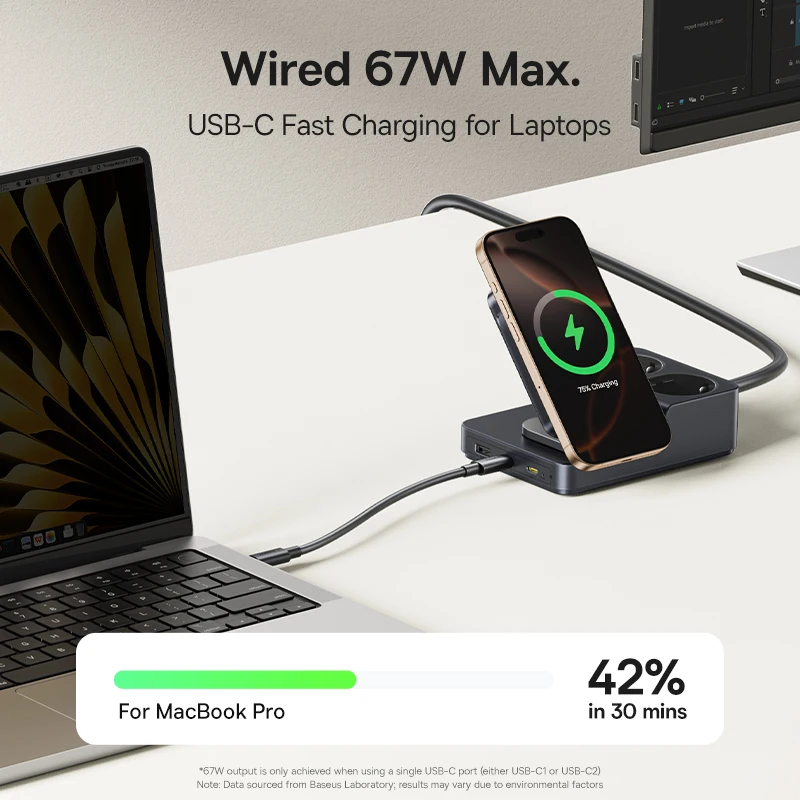 Baseus 6-in-1 Power Strip 67W Fast Charger with Qi2 Wireless Charger 2AC Socket USB C for iPhone Laptop Tablet Charging Station