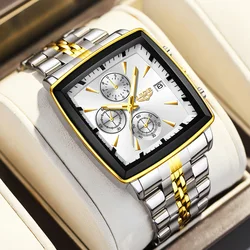 LIGE Fashion Men's Luminous Waterproof Chronograph Wristwatch with Date Function - Square Quartz Design, Includes Box (Gold white)