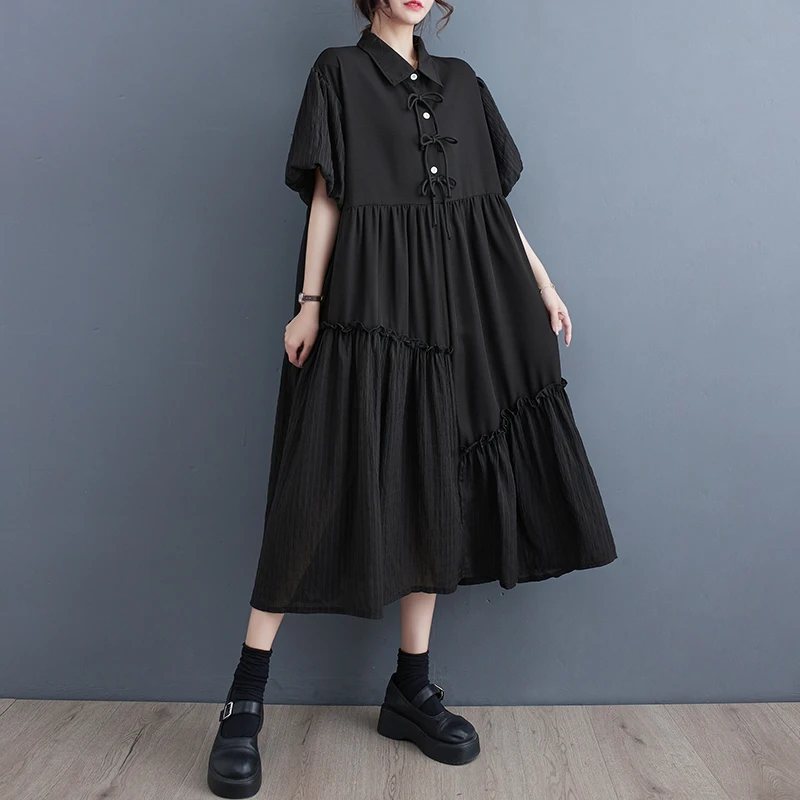 

2023 New Arrival Edible Tree Fungus Patchwork Bow Chic Girl's Loose Black Summer Blouse Dress Fashion Women Casual Midi Dress