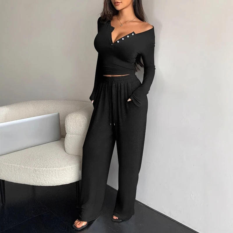 Women's Sexy Pajamas Casual Lounge Set Featuring A Long-Sleeve V-Neck Crop Top And Full-Length Pant Ideal For Cozy Daily Wear Pj