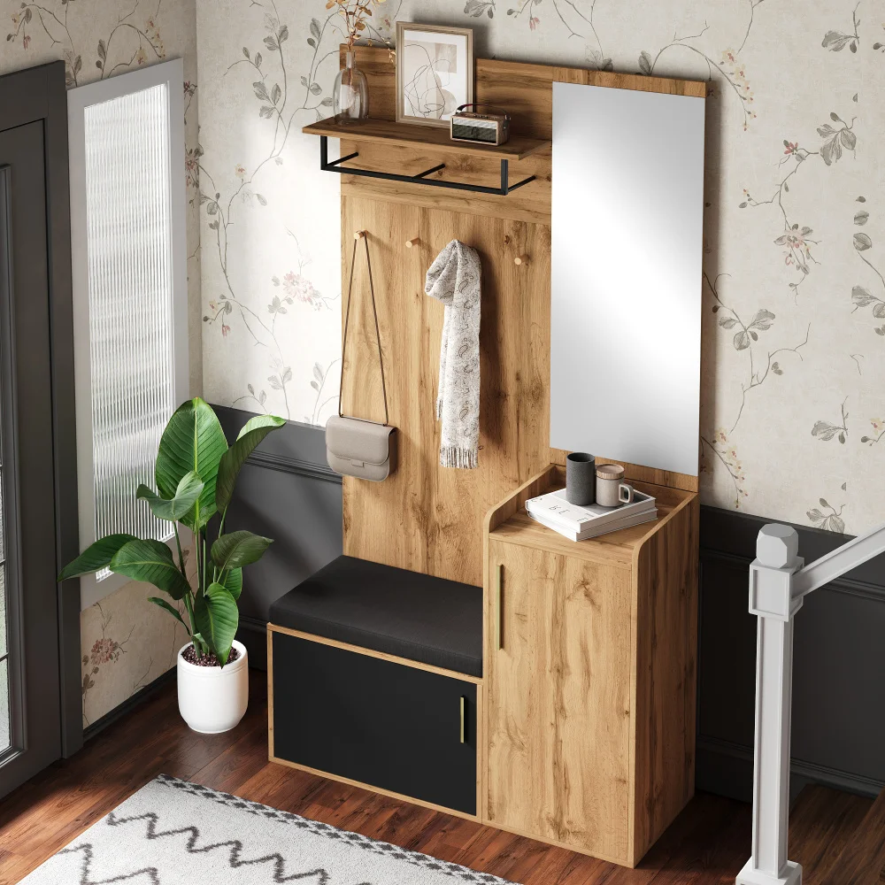 Kompakter Kleiderschrank mit Spiegel und Bank, Flurgarderobe mit Schuhschrank und Haken, Flurmöbel-Set, in Holzoptik – Detail 10