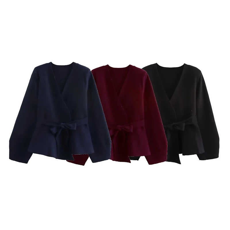 Vintage Lace Up Knit V-neck Jacket Women Solid Full Sleeve Loose Cardigan Top New 2025 Spring Elegant Lady High Street Outwear